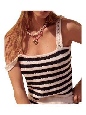 Anthropologie Flat White Striped Knit Tank XL Coastal Parisian Navy White Top